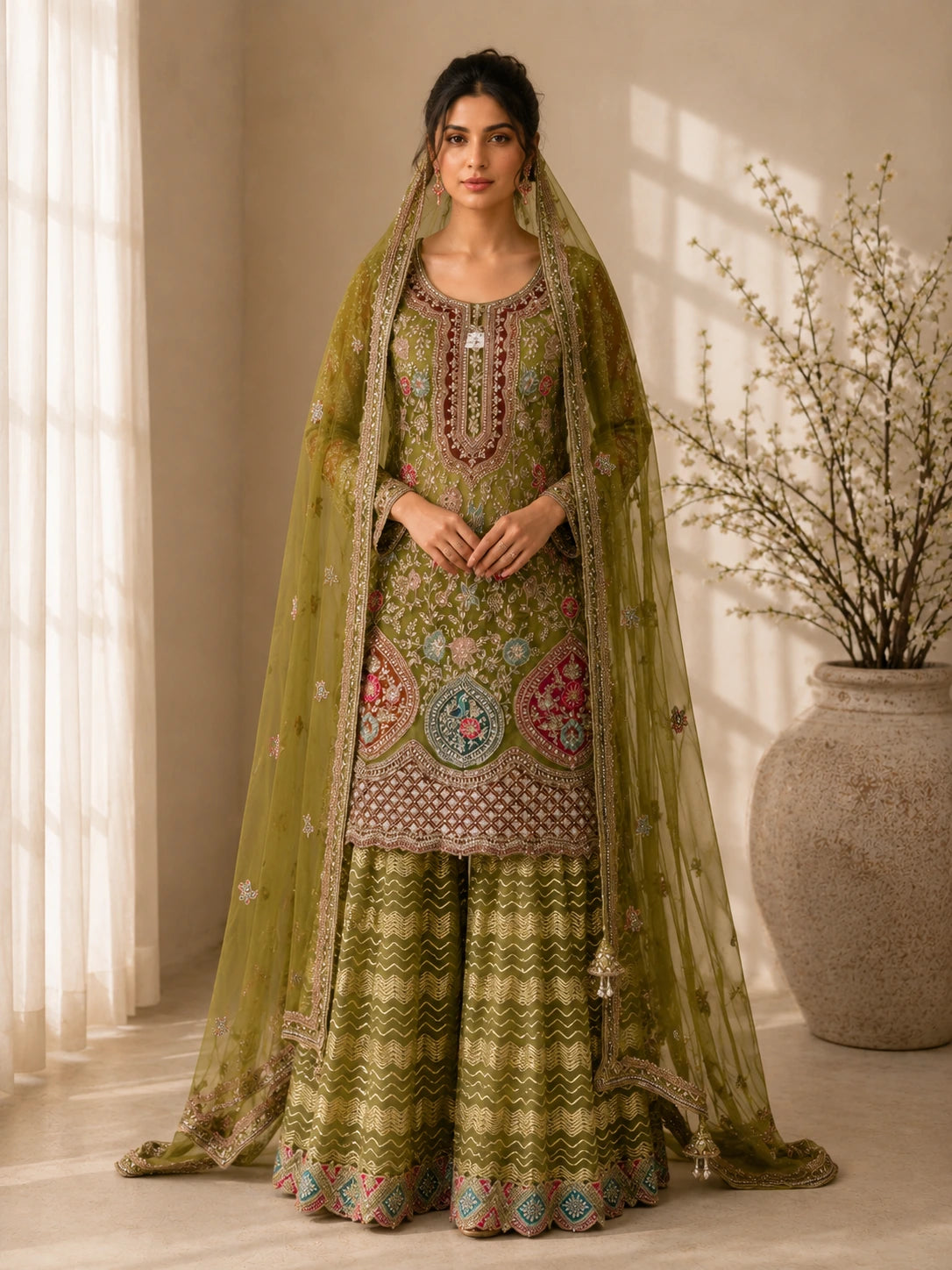 Green Embroidered Sharara Suit with Dupatta