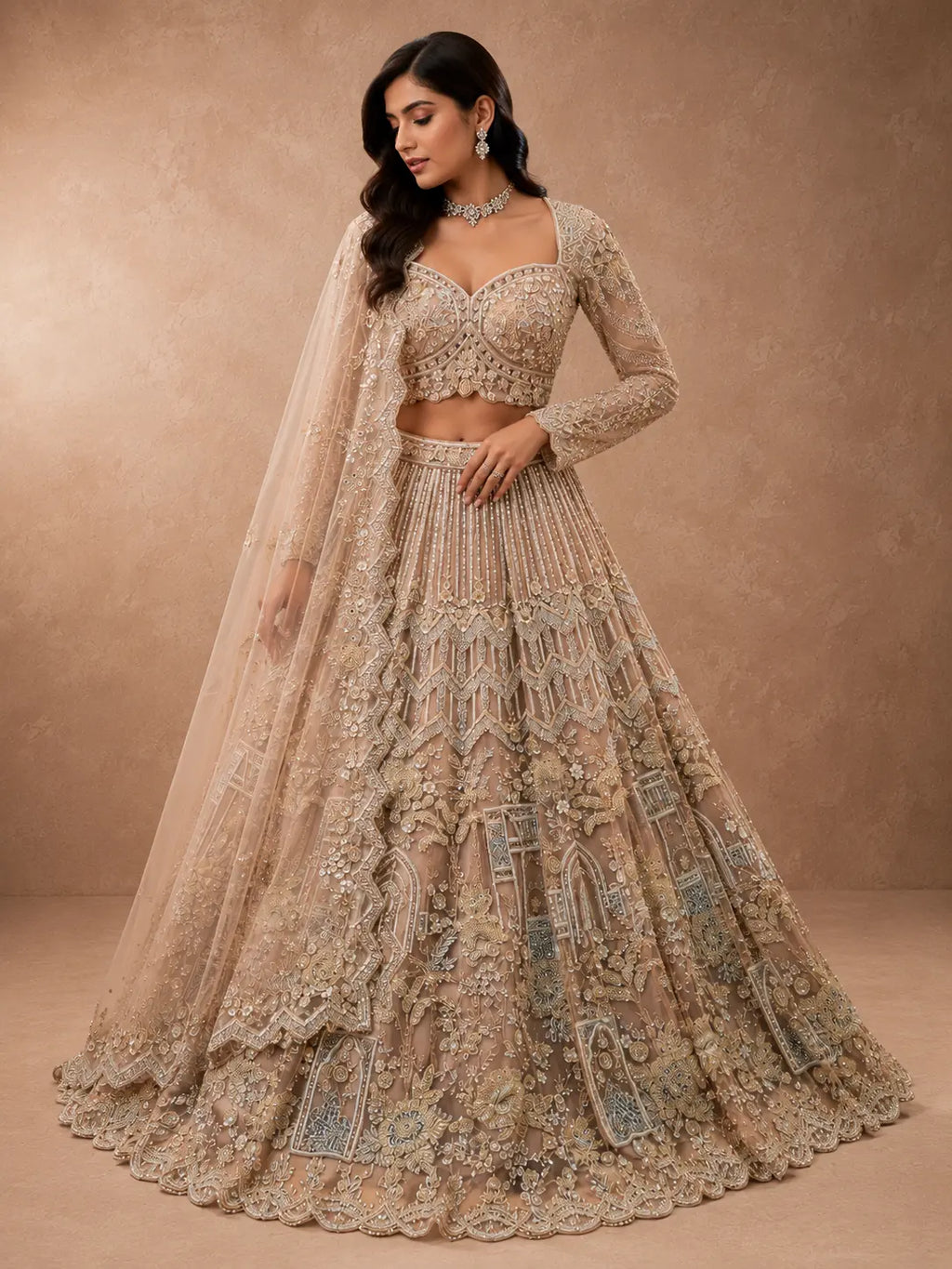 Soft Beige Full Sleeves Designer Lehenga Choli