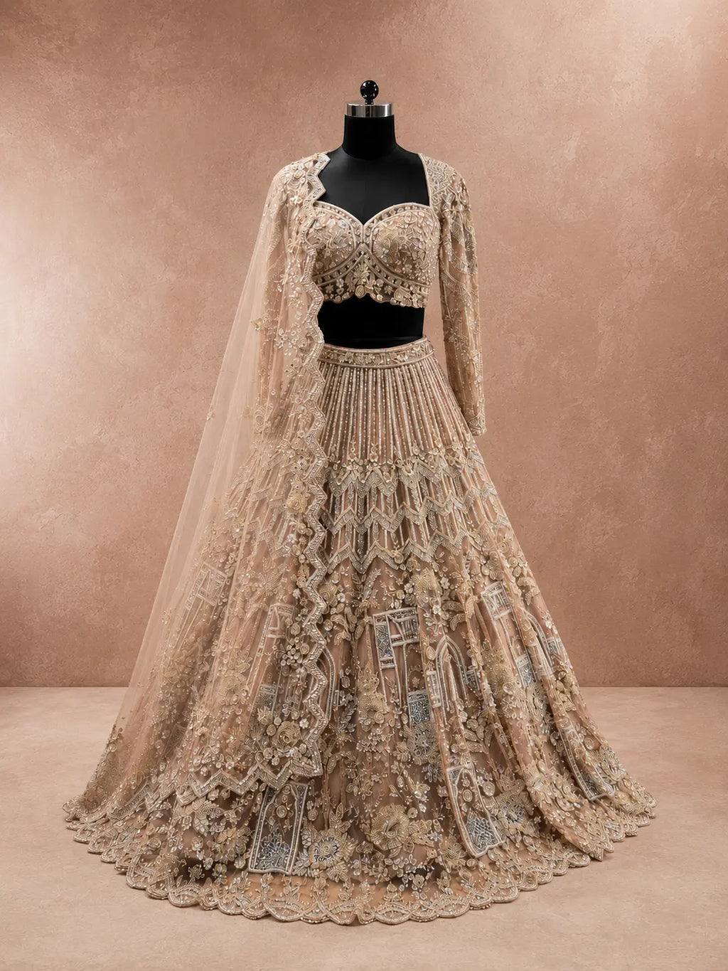 Soft Beige Full Sleeves Designer Lehenga Choli