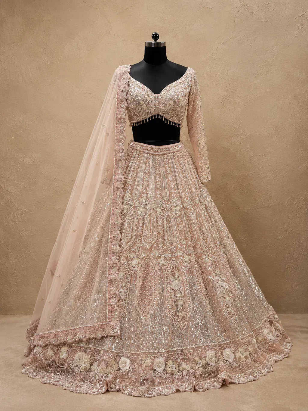 Soft Pink Full Sleeve Embellished Wedding Lehenga Choli