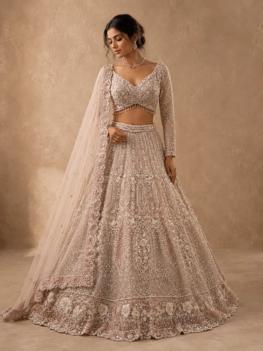 Soft Pink Full Sleeve Embellished Wedding Lehenga Choli