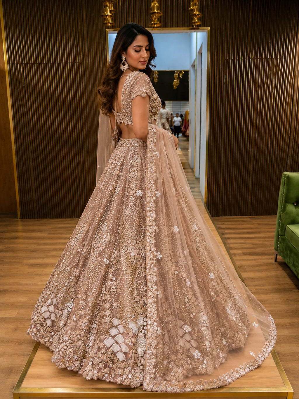 Champagne Beige Embellished Reception Lehenga Choli