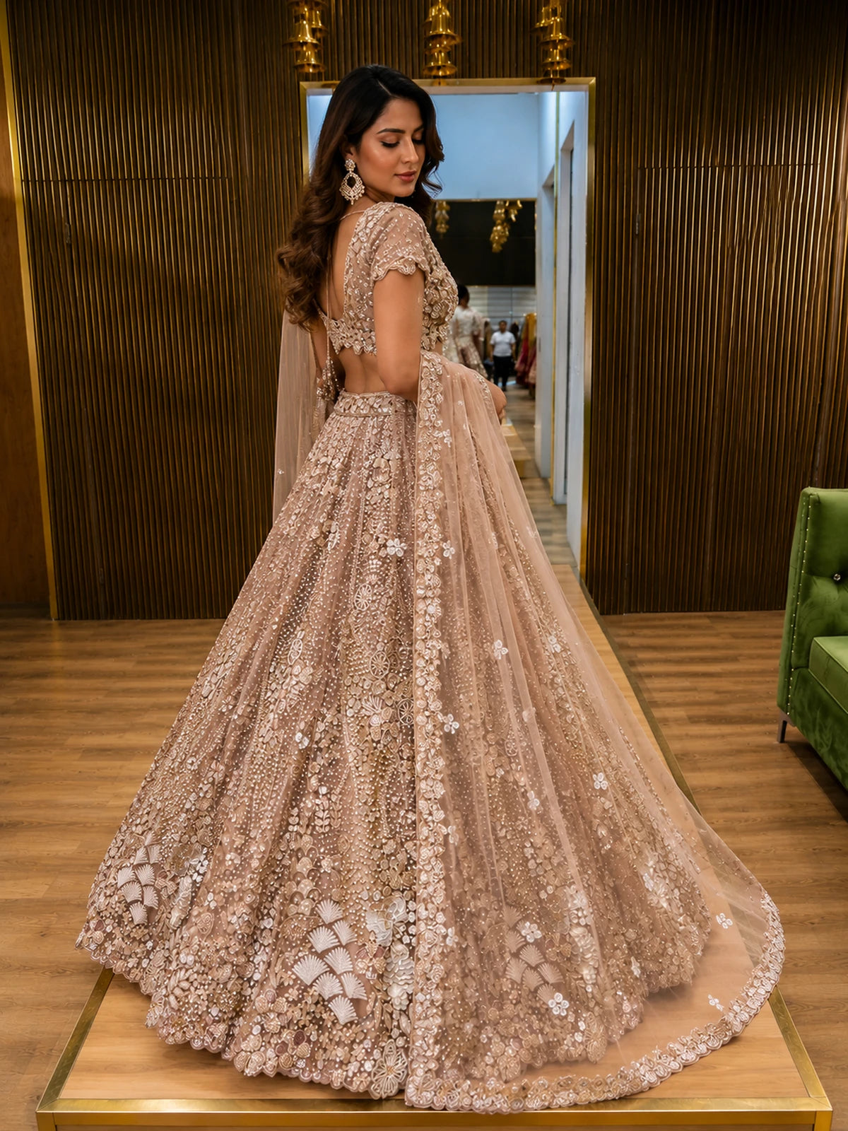 Champagne Beige Embellished Reception Lehenga Choli