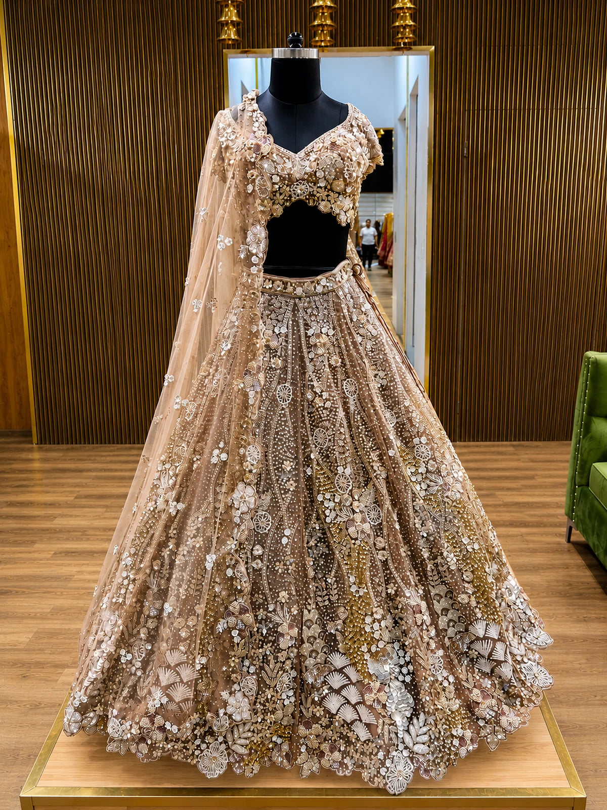 Champagne Beige Embellished Reception Lehenga Choli