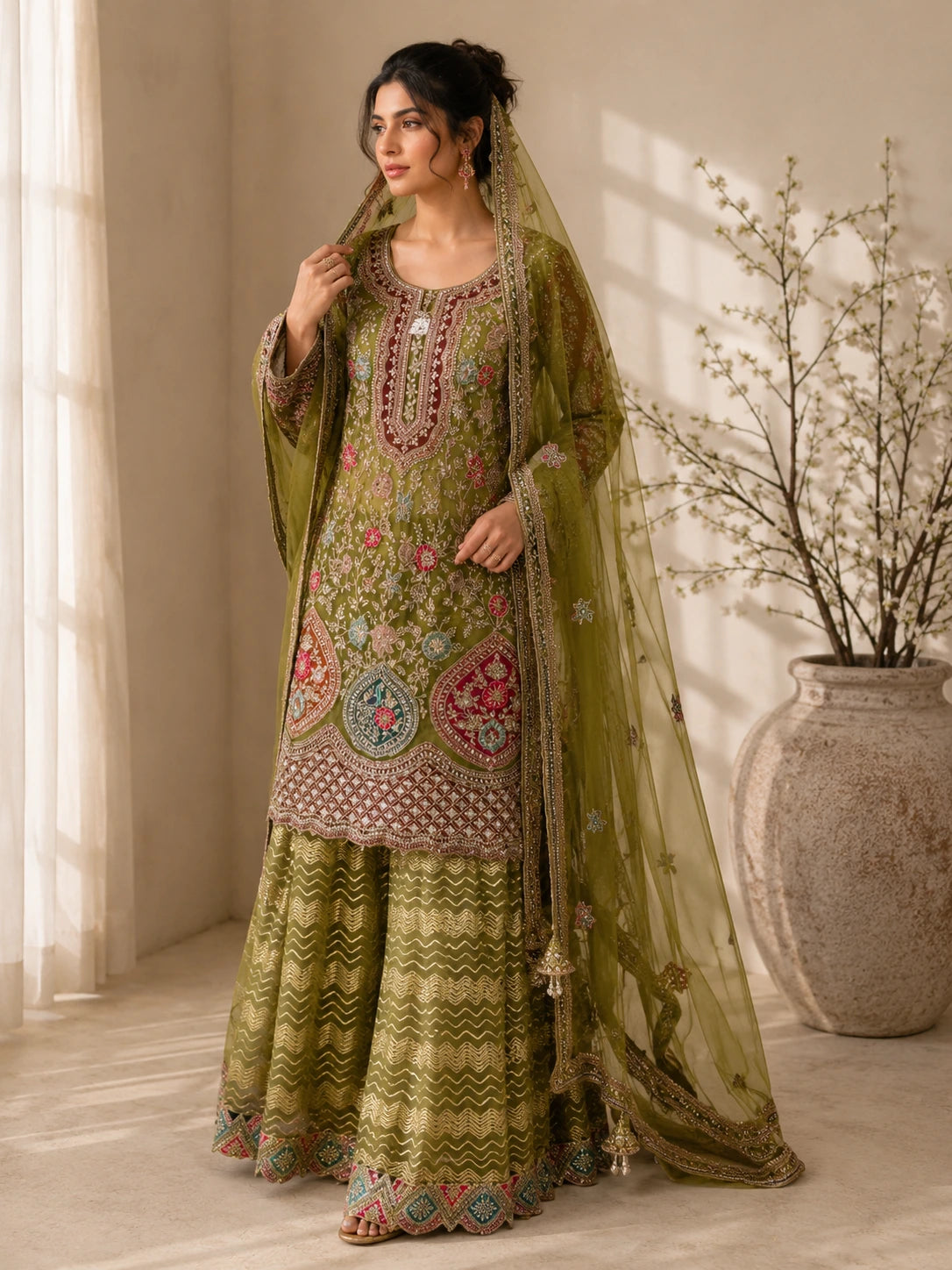Green Embroidered Sharara Suit with Dupatta