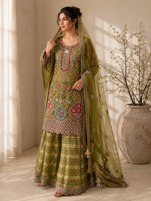 Green Embroidered Sharara Suit with Dupatta